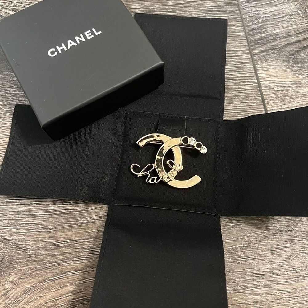 Chanel Crystal Coco Script Brooch Light Gold - Au… - image 7